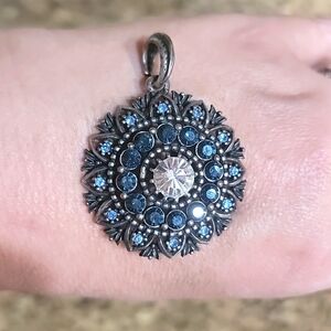 Vintage Hobe Blue & Clear Crystal Rhinestones Large Pendant